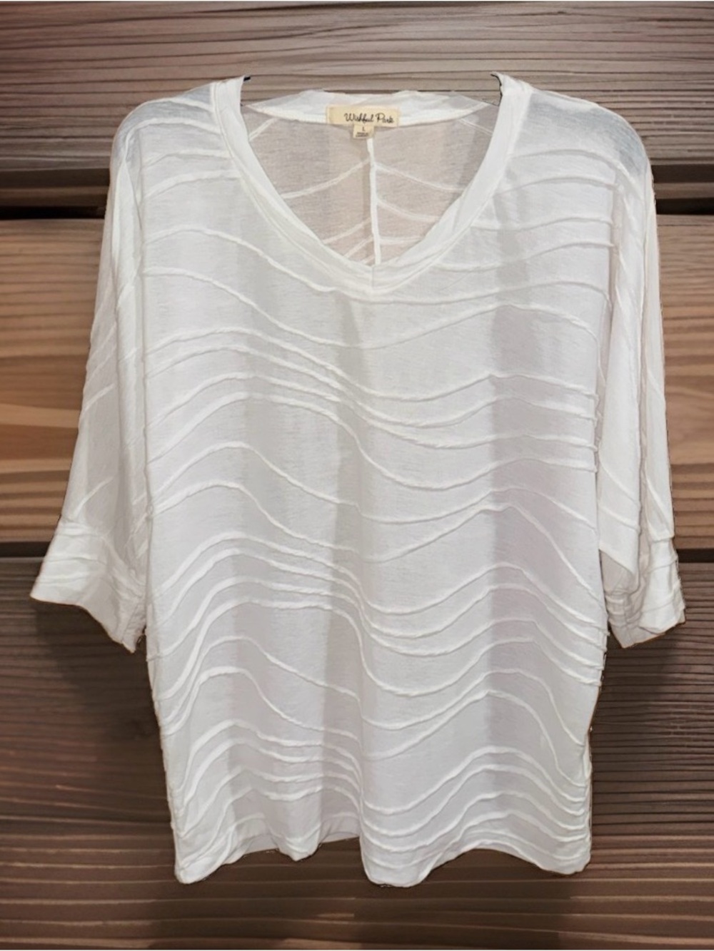Wishful Park White Textured Wave Knit Short Sleeve Top w/Dolman Sleeves-L-EC